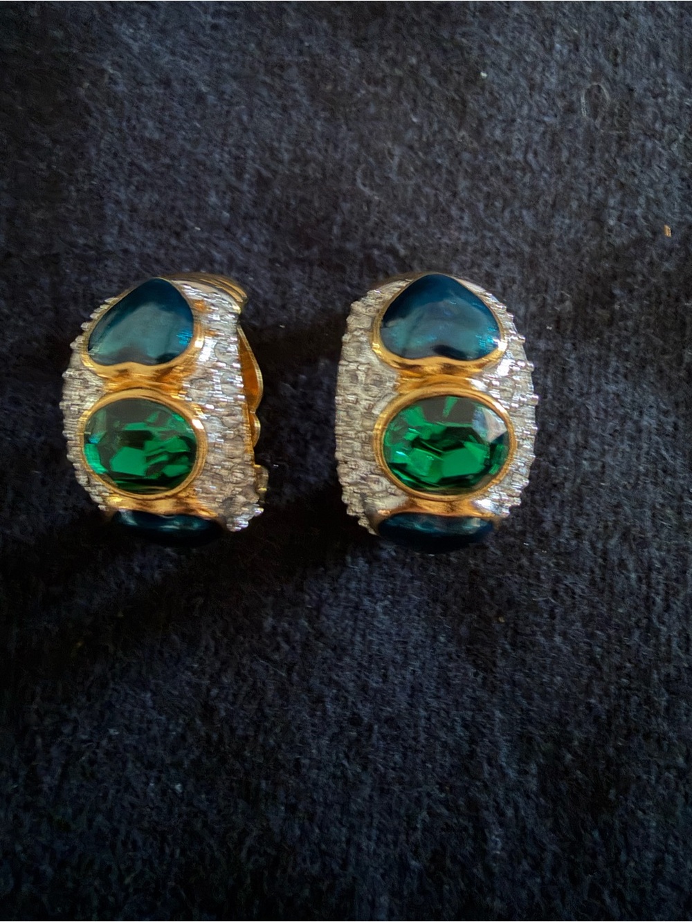 Vintage Cascio half hoop gold tone with crystals and teal glass cabochons ear